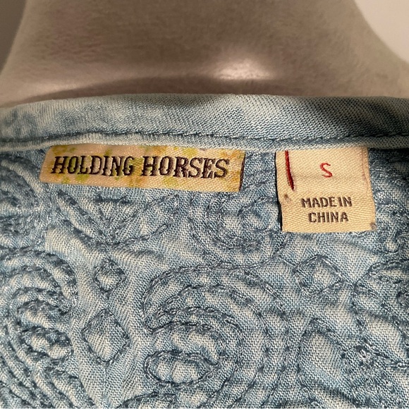 Holding Horses Embroidered Blue Cotton Dress | Resort Travel Boho - Picture 2 of 12